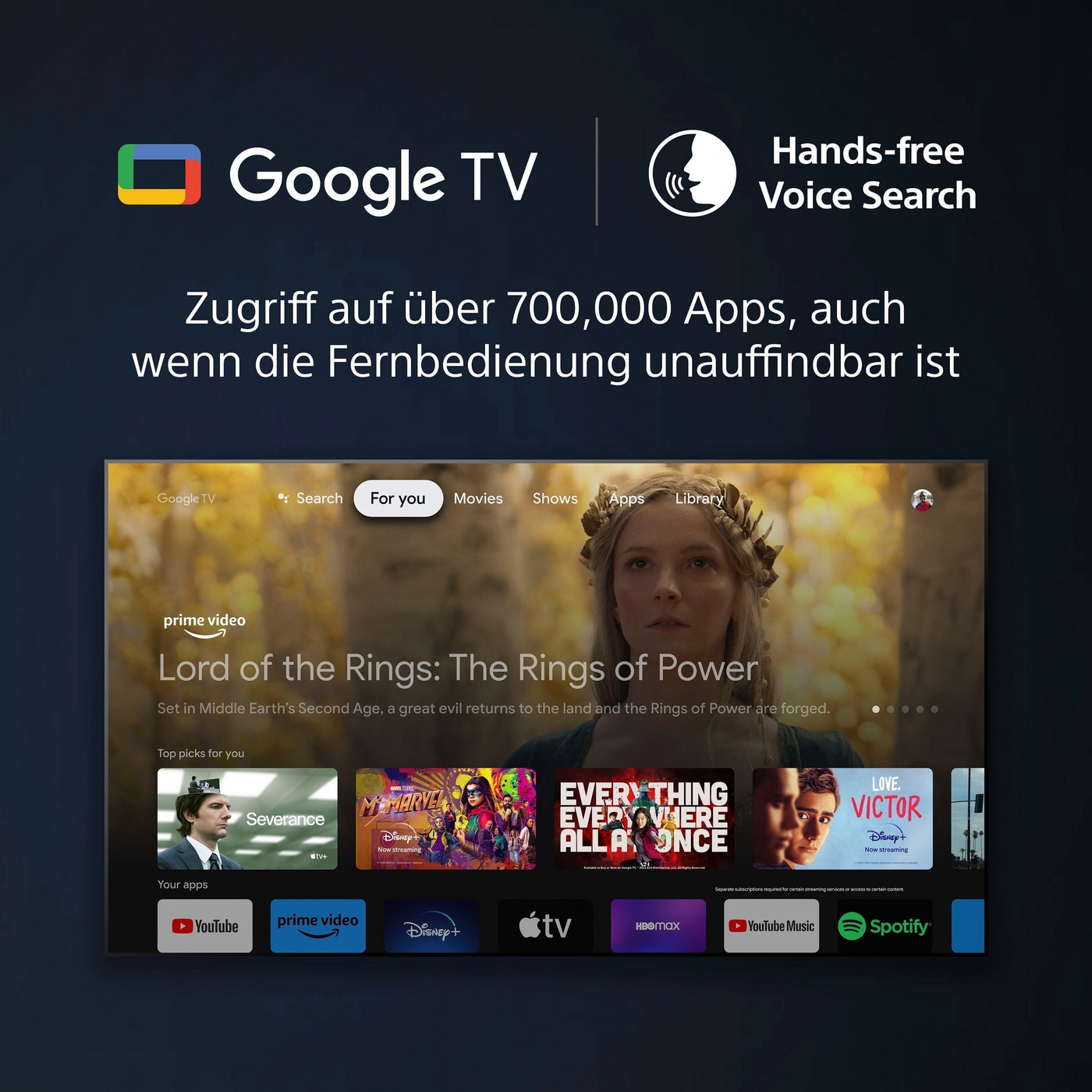 Google TV mit Sprachsuche und Zugriff auf Apps, auch ohne Fernbedienung.