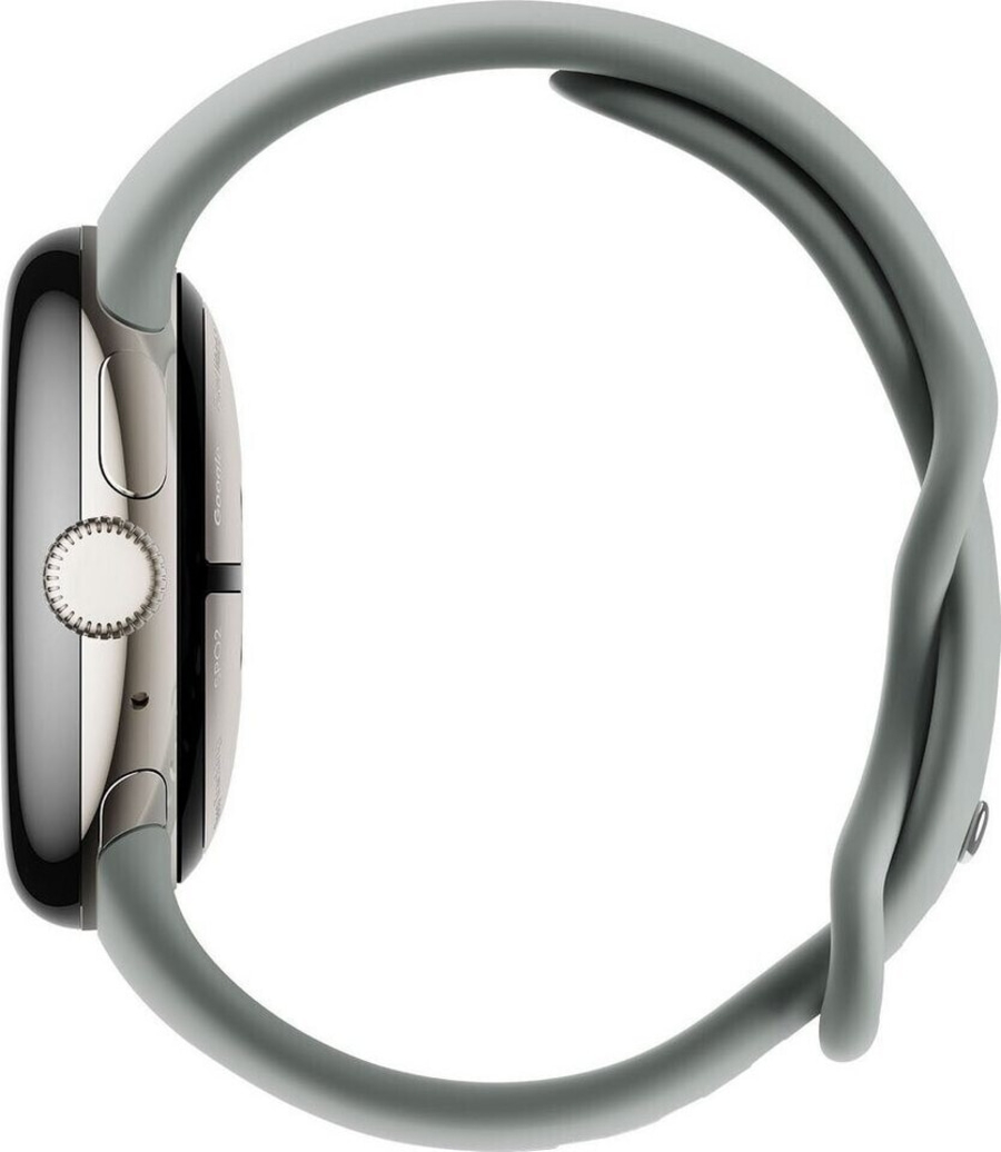 Graue Smartwatch mit silbernem Gehäuse und Armband, Seitenansicht, Nahaufnahme