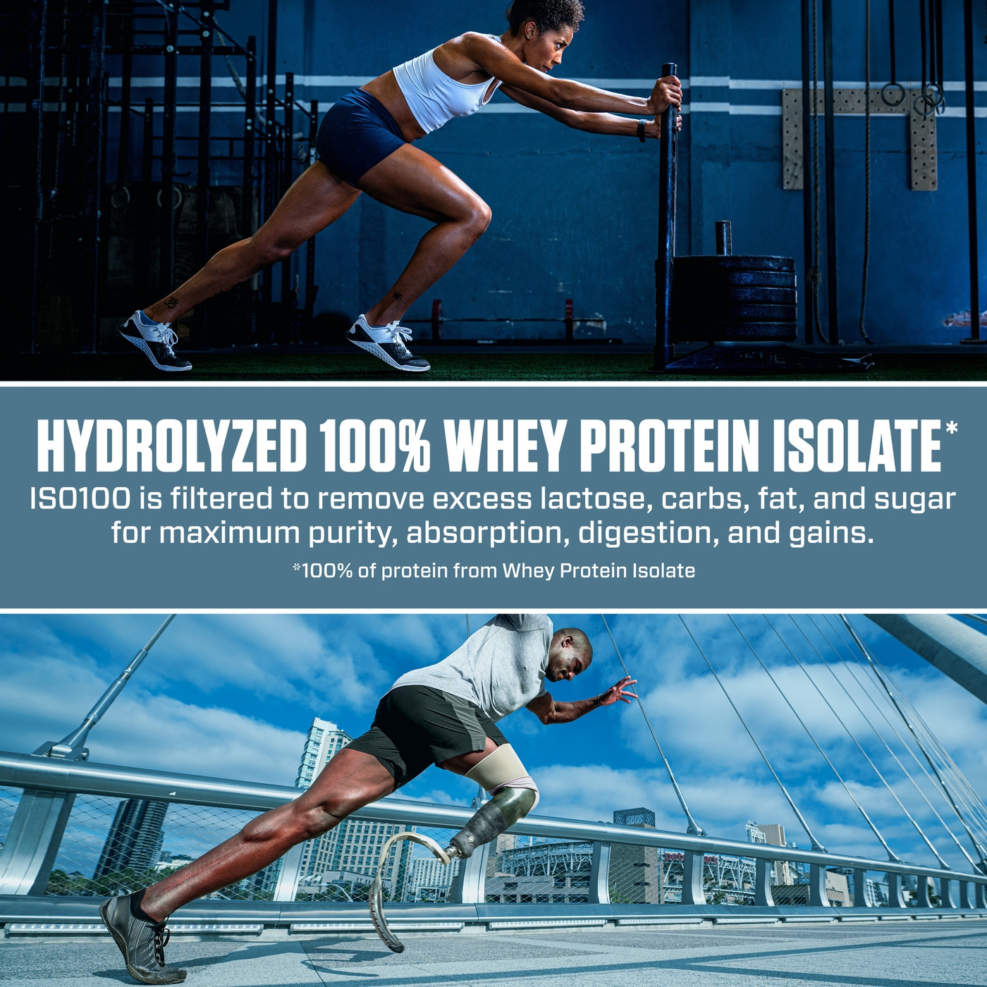 Sportler trainieren. Text über Whey Protein Isolat. Fitness und Gesundheit.