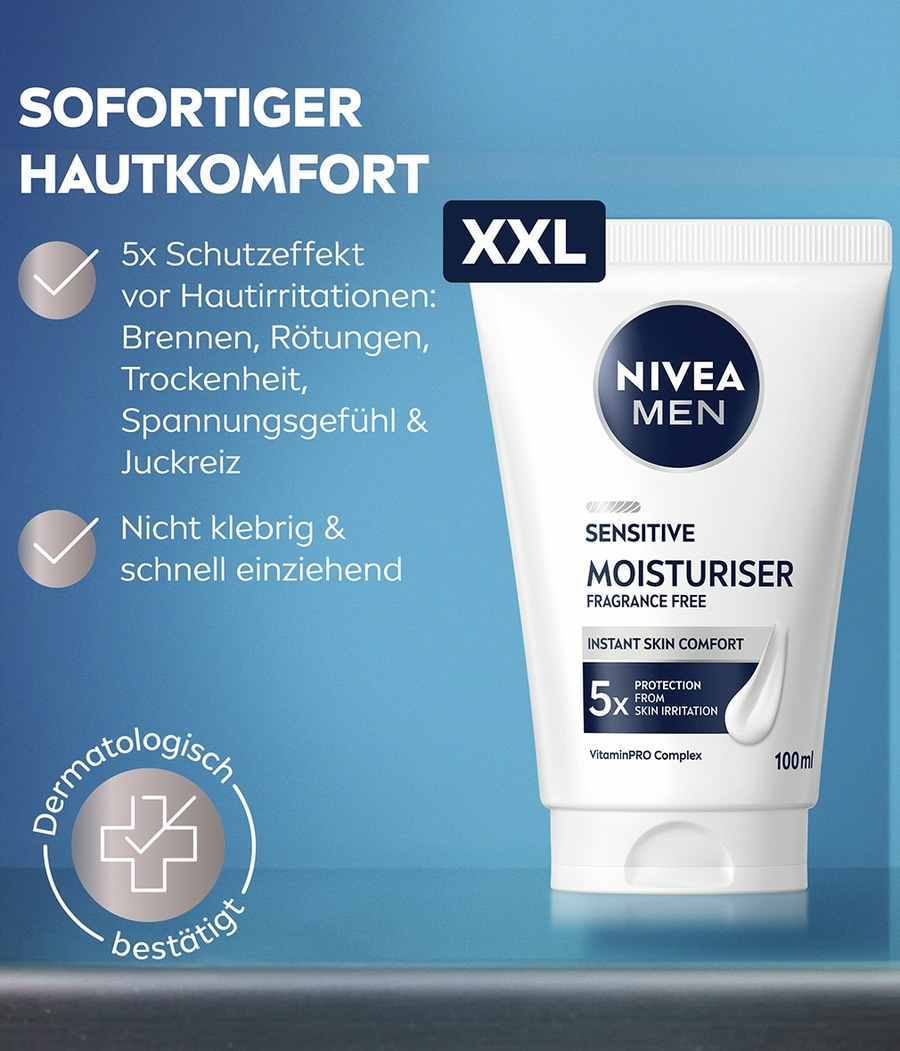 Nivea Men Sensitive Moisturiser XXL: Sofortiger Hautkomfort, Schutz vor Hautirritationen, nicht klebrig.