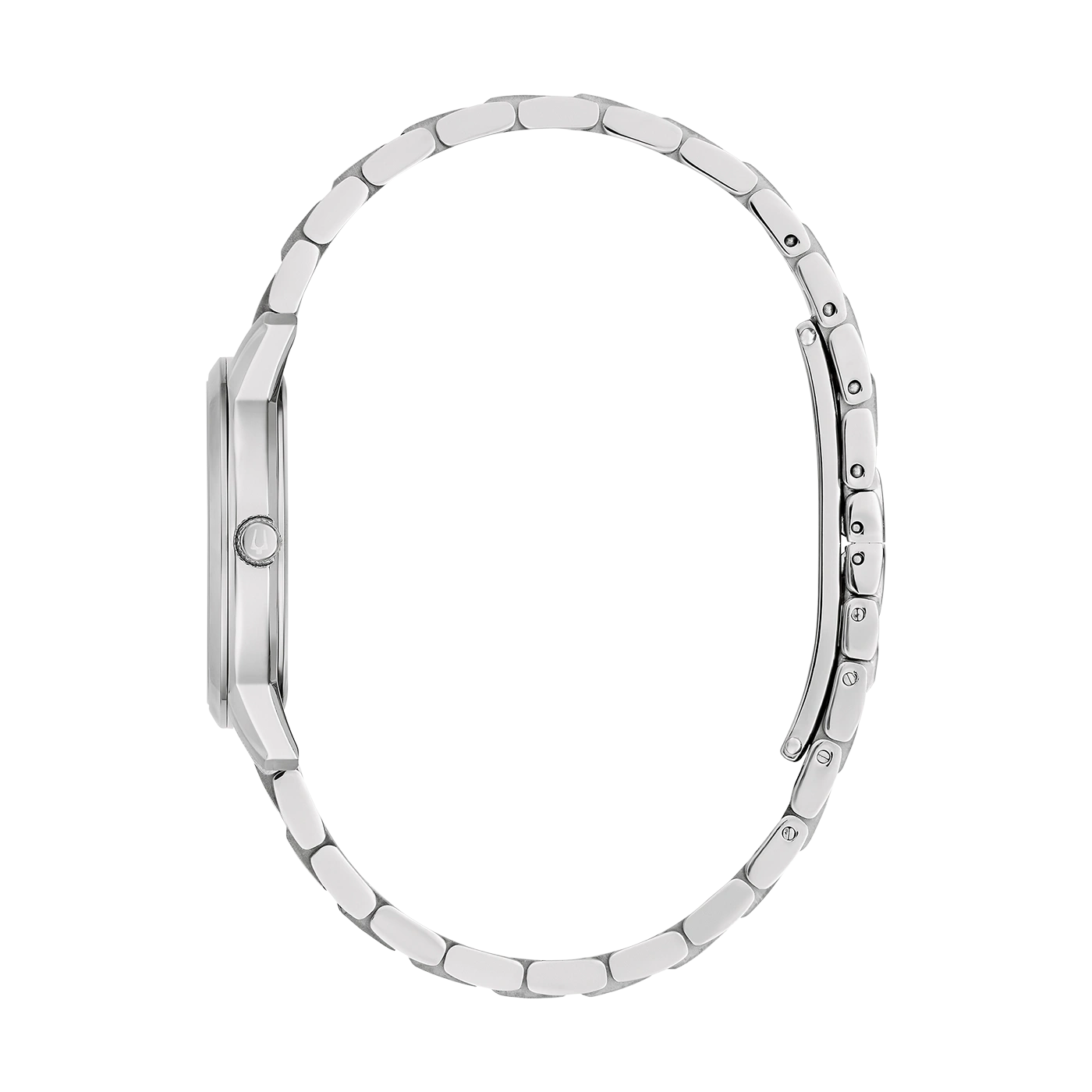 Seite des silbernen Armbanduhrs mit Krone