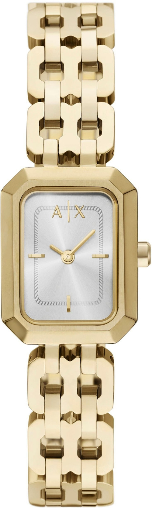 Eine goldene Uhr mit einem silbernen Zifferblatt und zwei Zeigern.