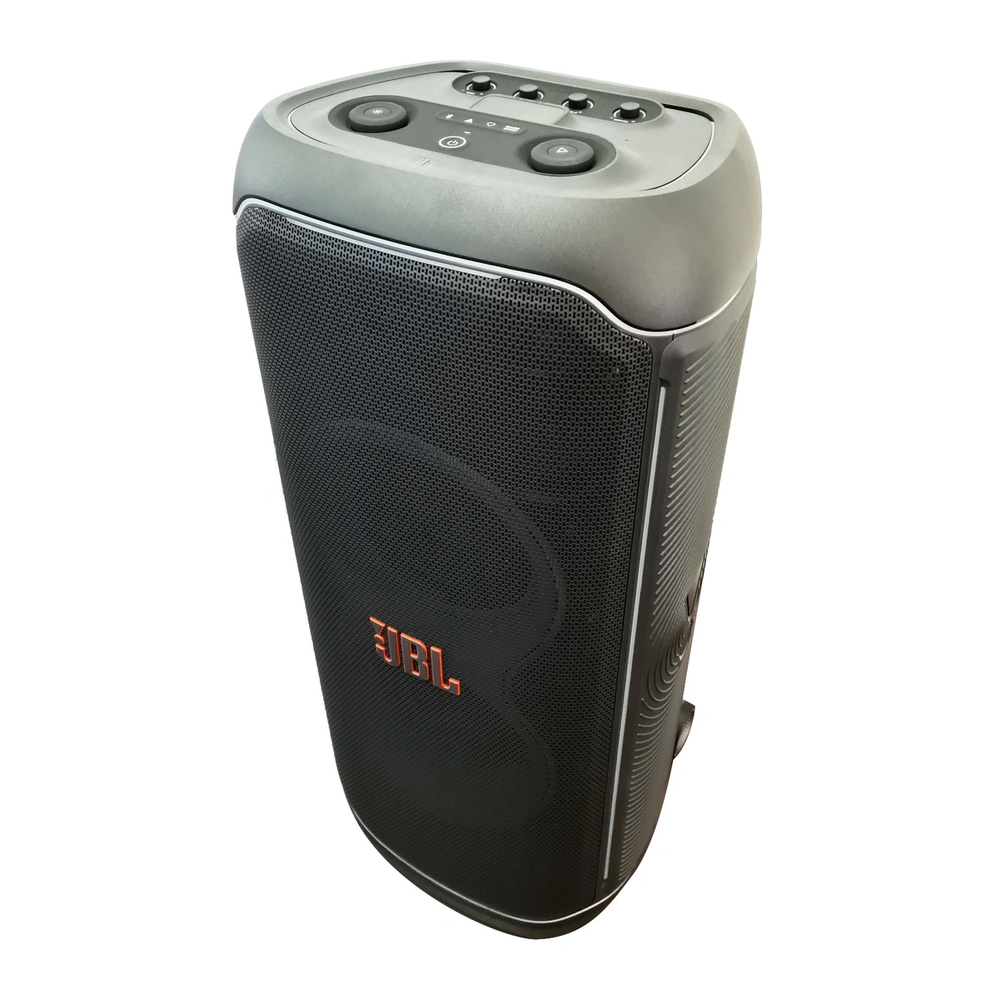 Schwarzer JBL Lautsprecher mit orangenem Logo auf weißem Hintergrund