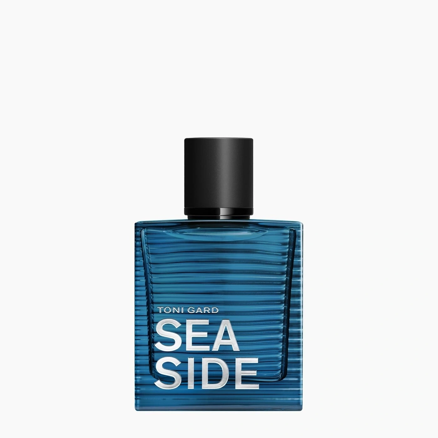 Toni Gard Sea Side Parfümflasche, blau, quadratisch, mit schwarzem Deckel, Text