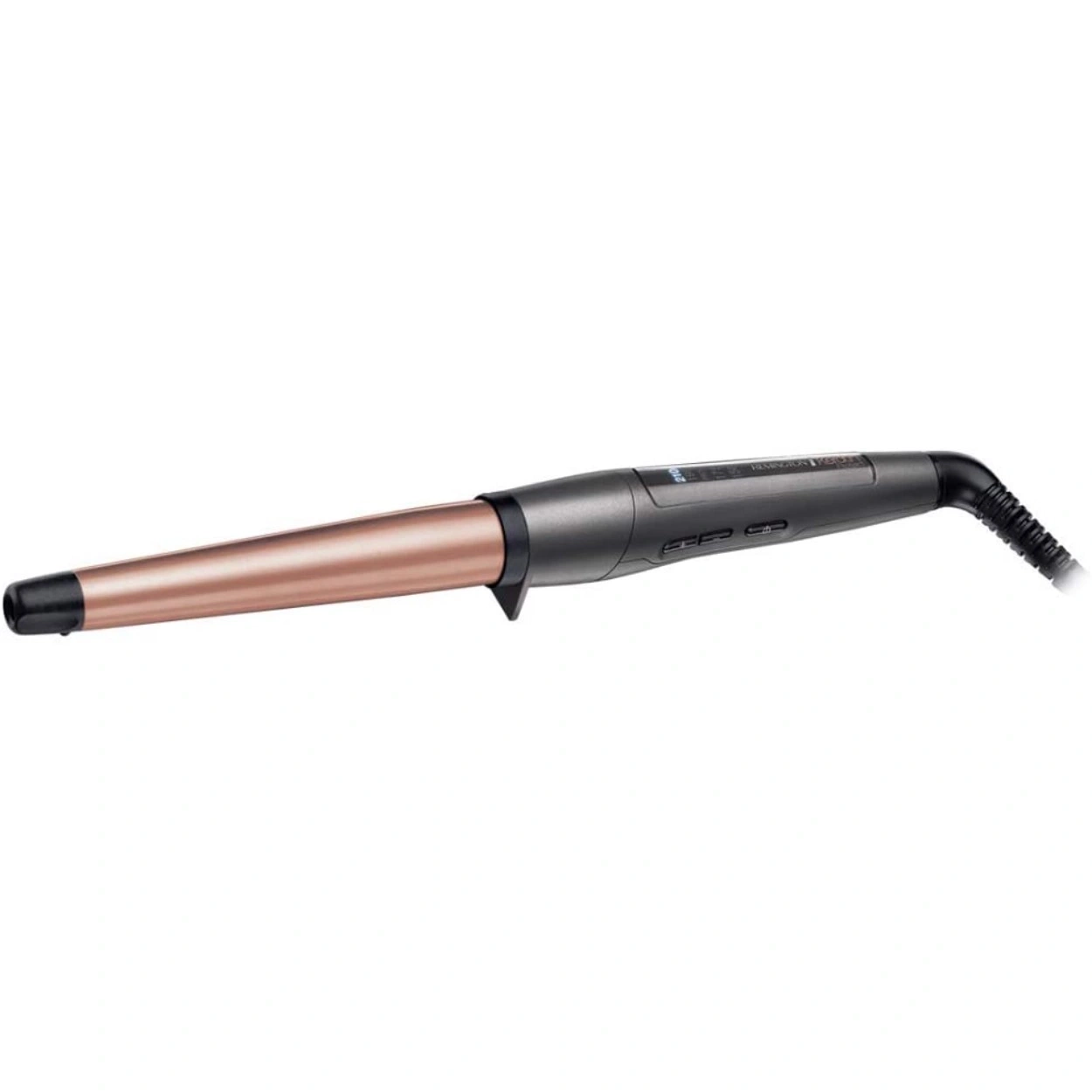 Ein konischer Lockenstab mit digitaler Temperaturanzeige und einem Rosegold-Fass.