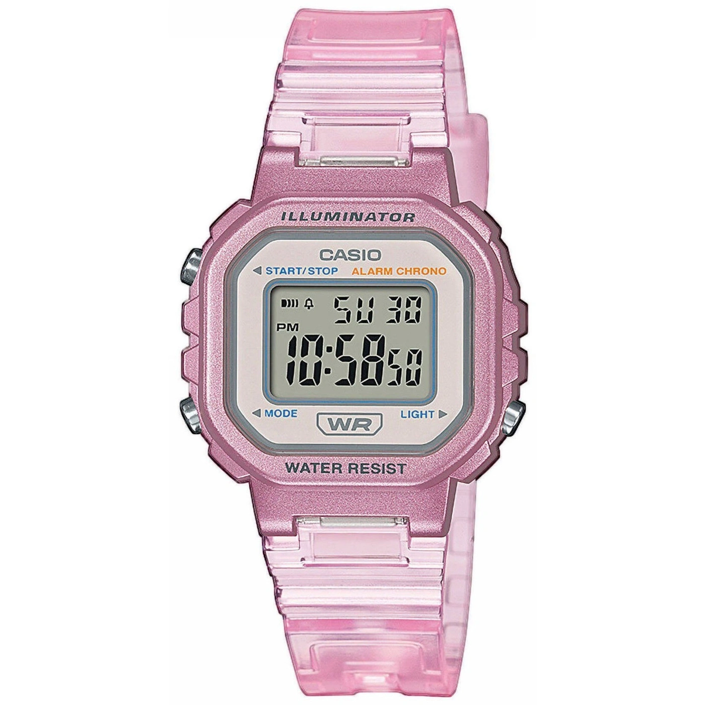 Rosa Casio Uhr mit digitaler Anzeige, Wasserfest und Beleuchtung.