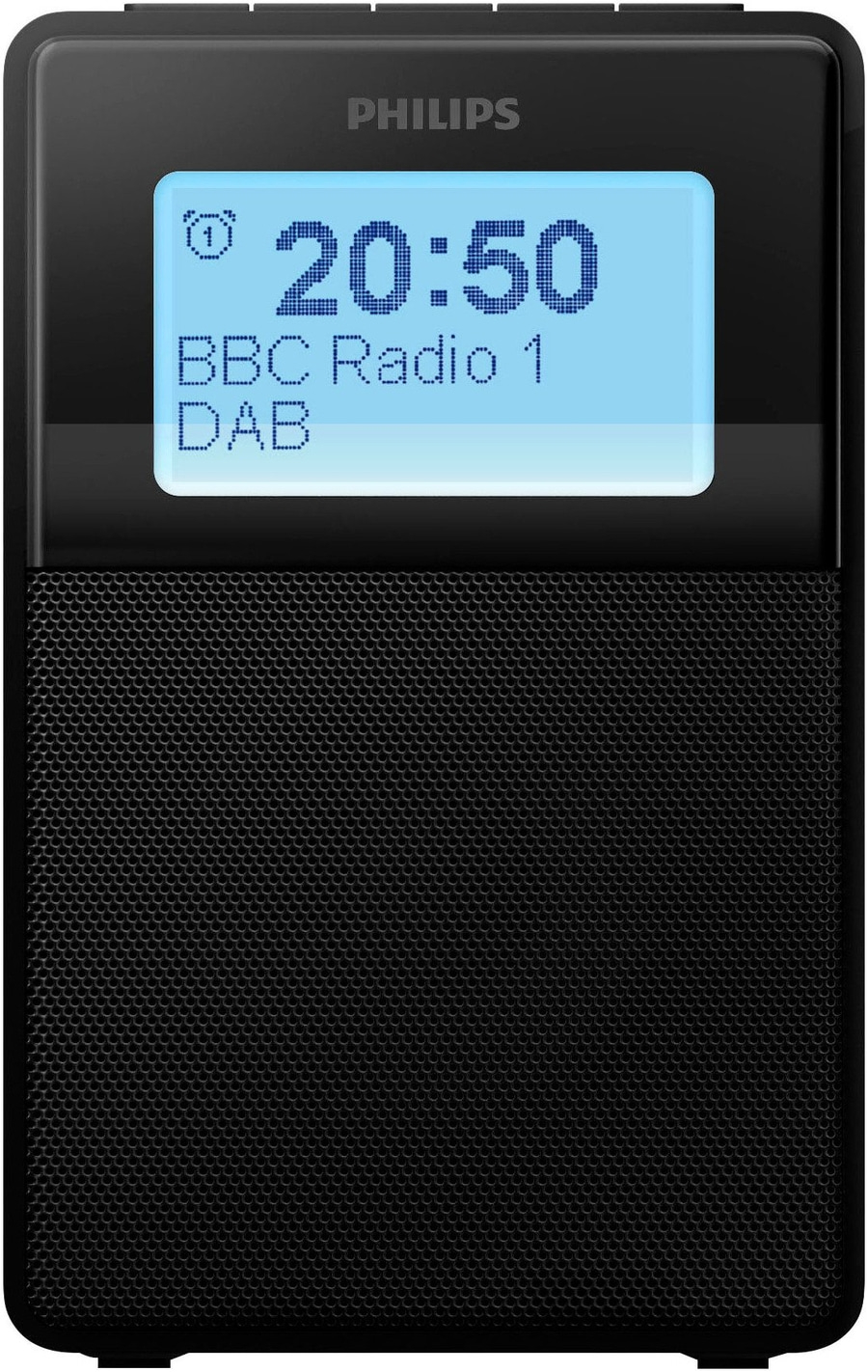 Ein schwarzer Philips DAB-Radio mit einem blauen Display, das die Uhrzeit und BBC Radio 1 anzeigt.
