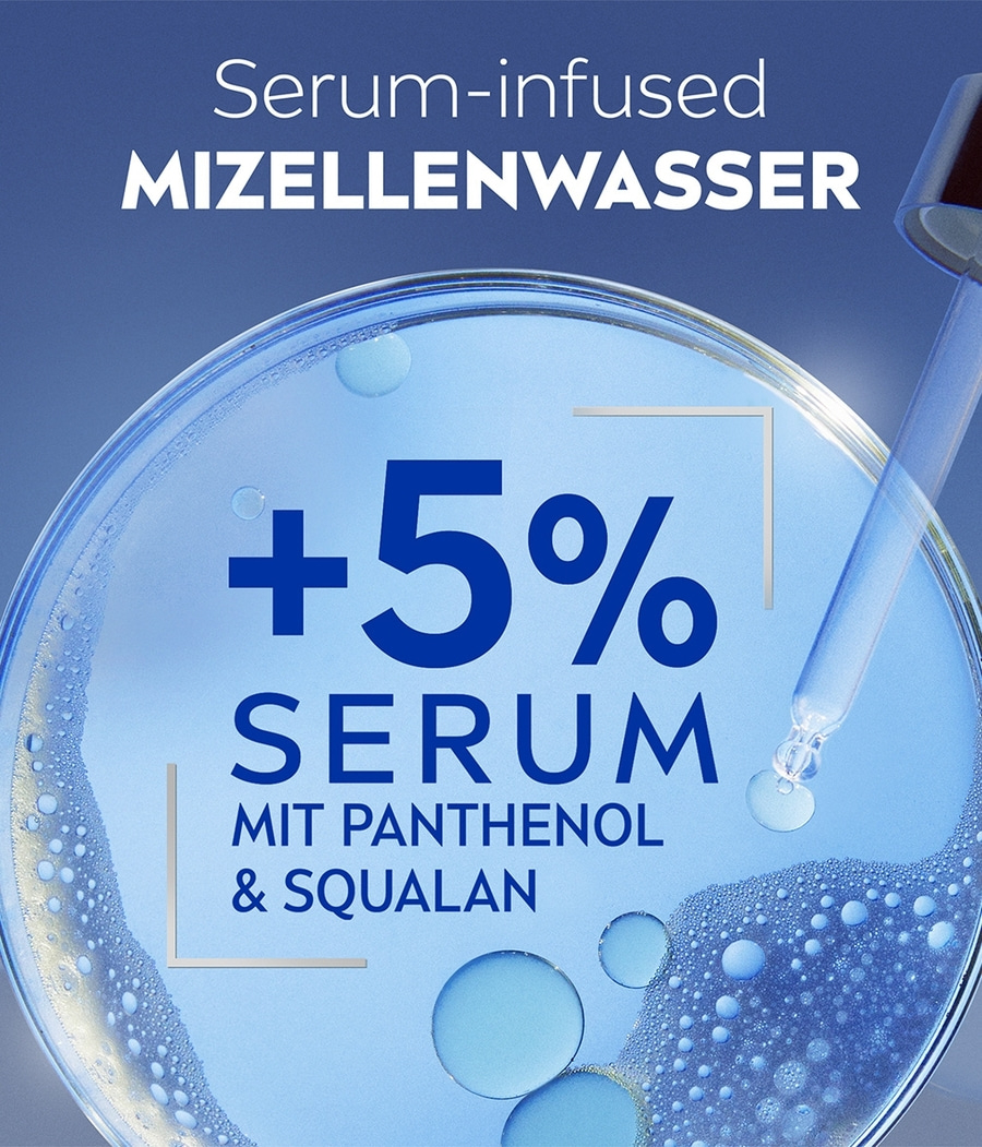 Serum-infundiertes Mizellenwasser mit +5% Serum, Panthenol & Squalan.