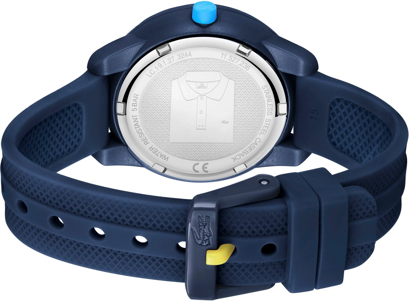 Dunkelblaues Lacoste-Armbanduhr mit silbernem Gehäuseboden und Polo-Shirt-Logo.