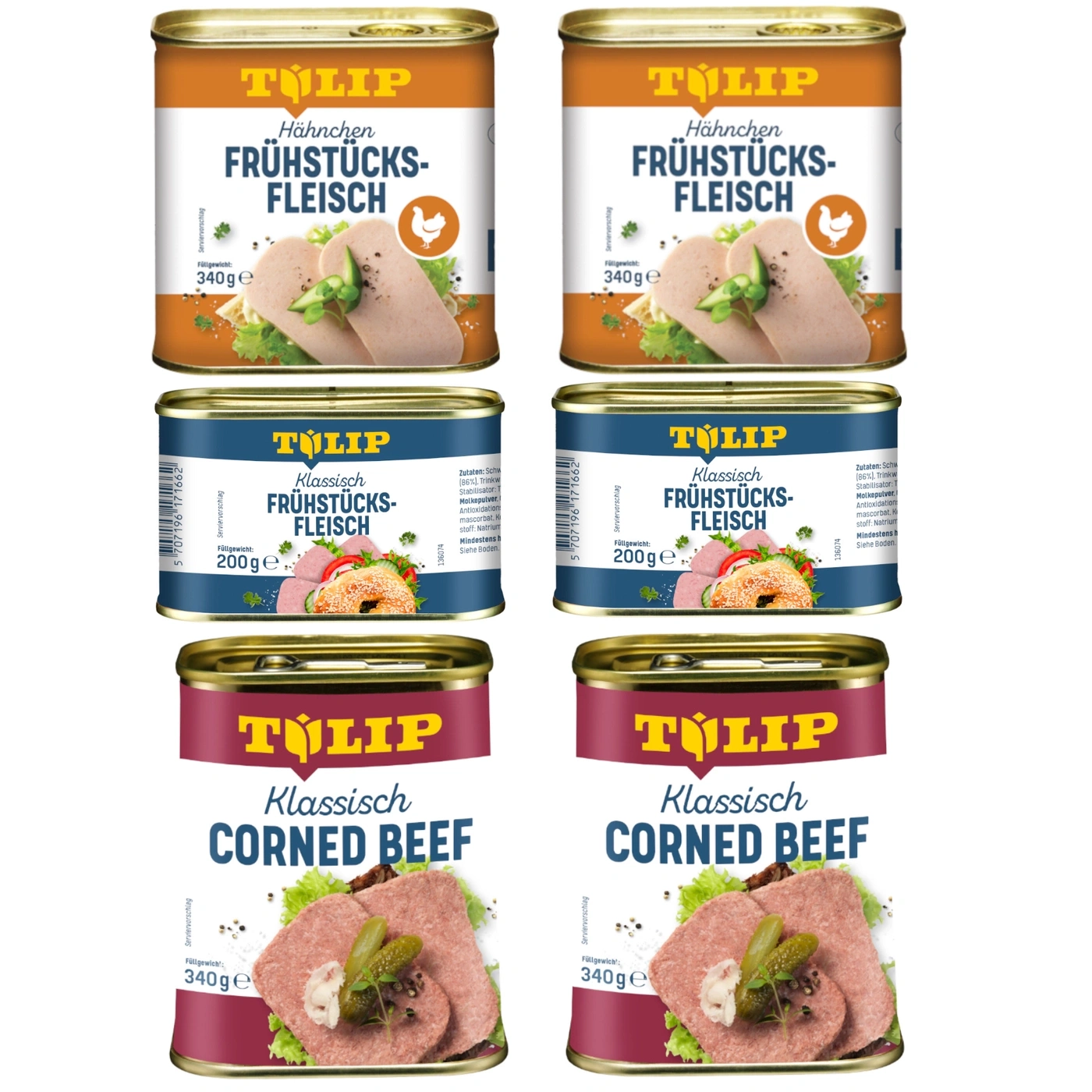 Tulip Hähnchen Frühstücksfleisch und Corned Beef, jeweils in der 340g und 200g Dose.