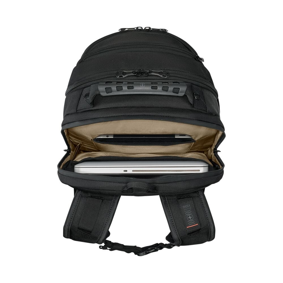 Schwarzer Rucksack mit Laptop. Offen, um den Inhalt zu zeigen. Gepolsterte Träger.