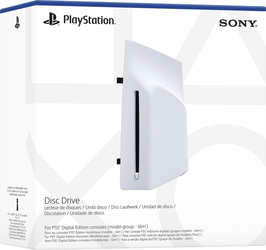 PlayStation 5 Disc Drive Box. Weißes Gehäuse mit schwarzem Schlitz.