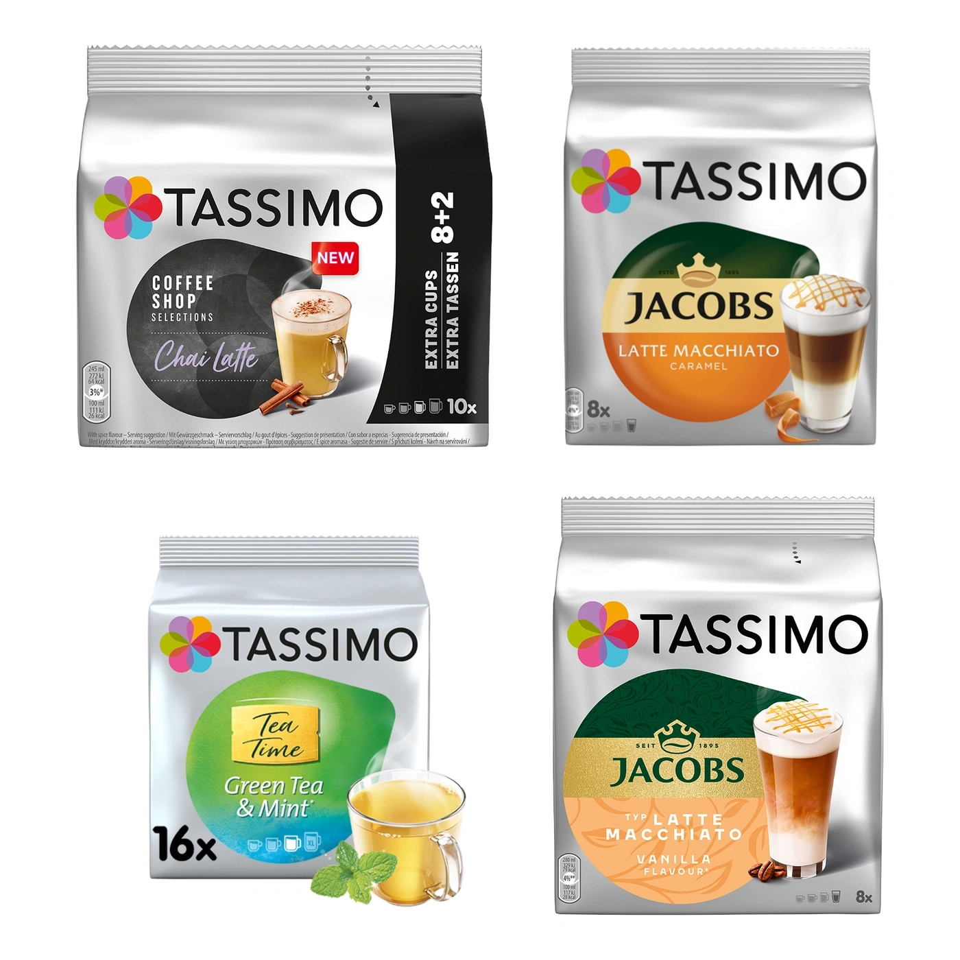 TASSIMO Kapseln Probierpaket Latte Macchiato Vanille, Karamell, Chai Latte & Tee