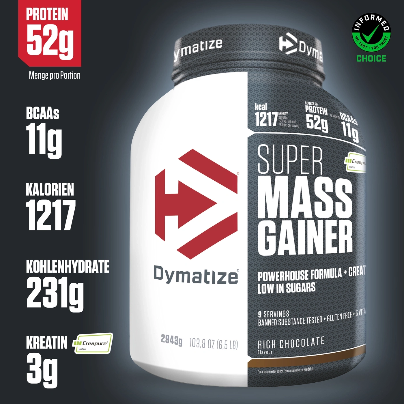 Dymatize Super Mass Gainer, Protein, Kalorien, Kohlenhydrate, Kreatin, BCAA, Schokolade