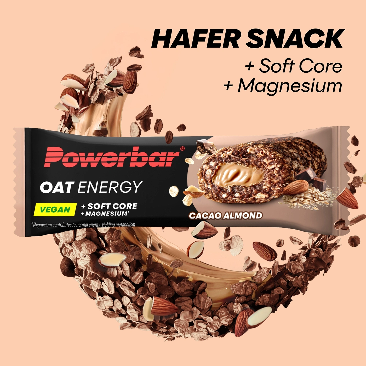 Powerbar Haferriegel mit Kakao und Mandeln, umgeben von Nüssen und Haferflocken.