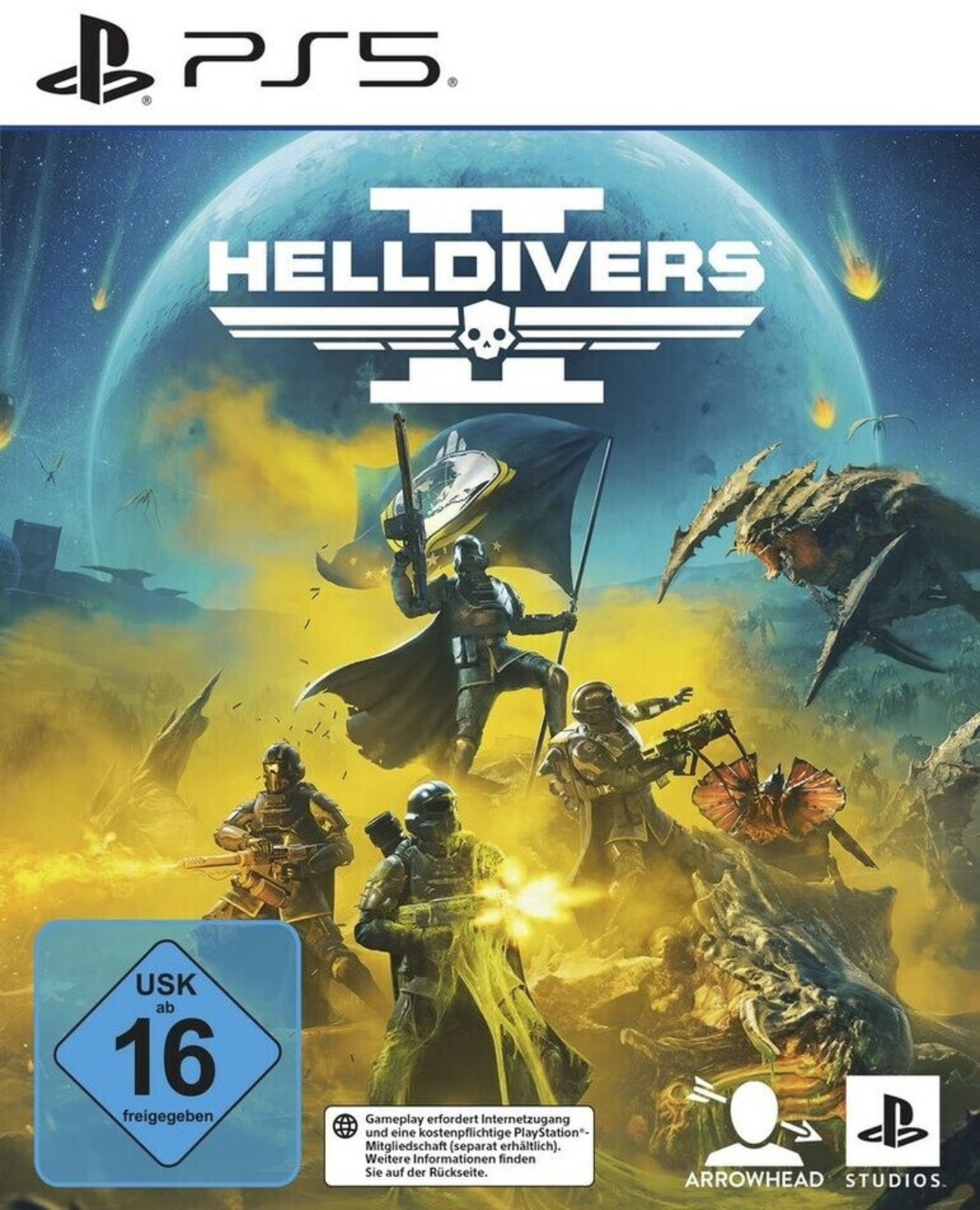 Das PS5 Spiel "HELLDIVERS 2" mit Soldaten im Kampf gegen Monster auf fremden Planeten und dem USK 16 Siegel