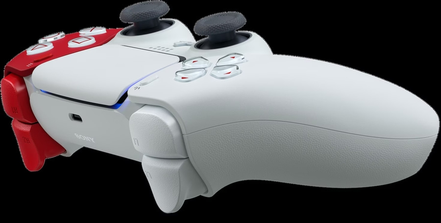 Weiße und rote PlayStation 5 Controller mit blauen Akzenten