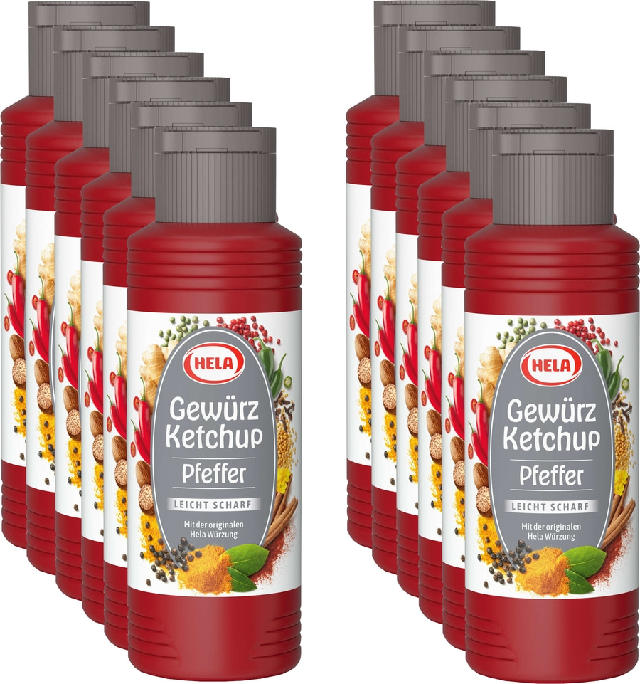 12 x Hela Ketchup Pfeffer leicht scharf Gewürzketchup 300 ml Ketchupflasche