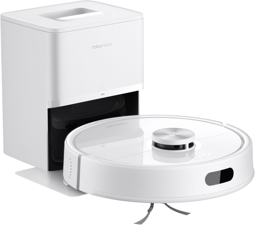 Ein weißer Roboterstaubsauger mit Ladestation von Roborock.