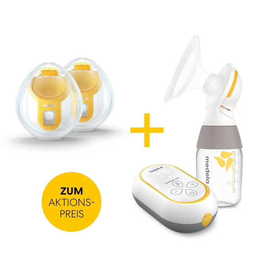 Medela Freestyle Mini Brustpumpe mit zwei Flaschen und Bedienfeld