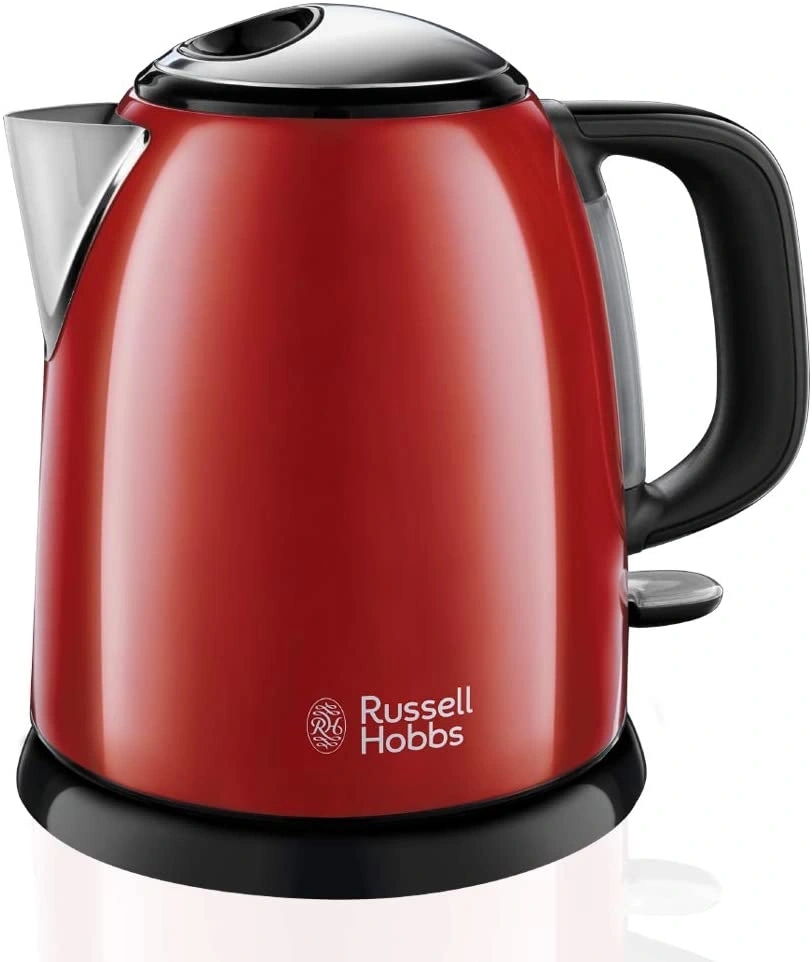 Ein roter Wasserkocher der Marke Russell Hobbs mit schwarzem Griff und Sockel.