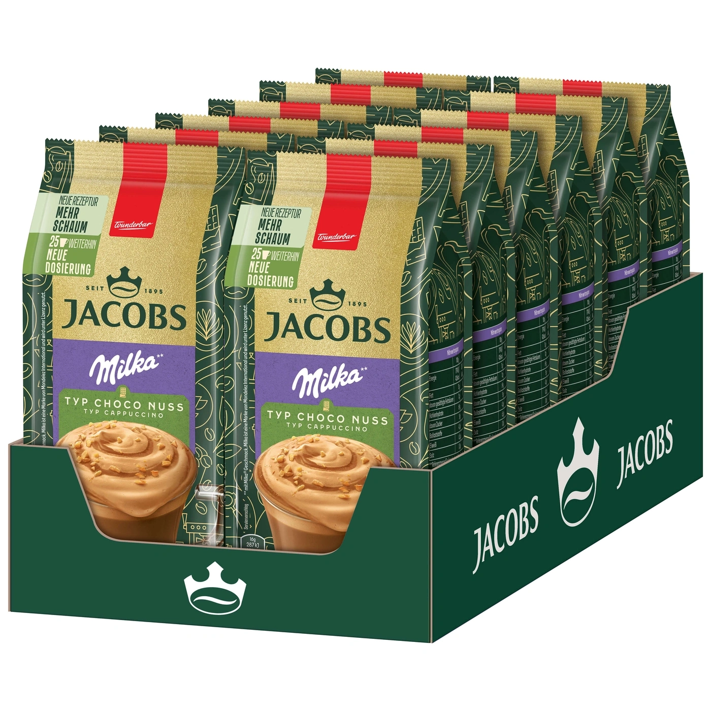Jacobs Milka Cappuccino Packung, Typ Choco Nuss, mit neuer Rezeptur, mehr Schaum und 25% mehr Inhalt.