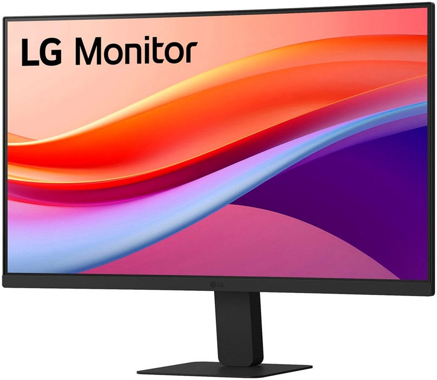 LG Monitor mit einem bunten Hintergrund auf dem Bildschirm und einem schwarzen Standfuß.