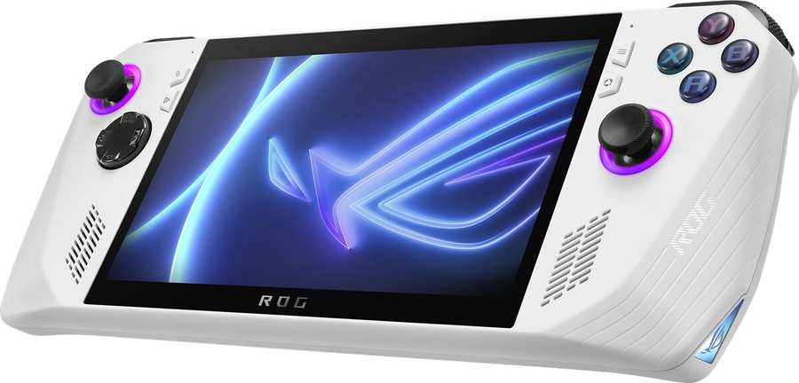 ROG Ally Handheld-Konsole, weiß, mit beleuchteten Bedienelementen und ROG-Logo auf dem Bildschirm.