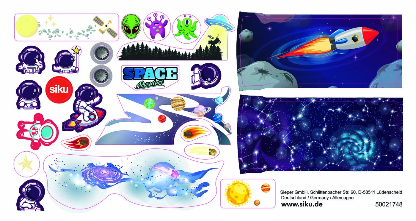Weltraum-Abenteuer-Aufkleber mit Astronauten, Raketen und Planeten. Siku-Logo.