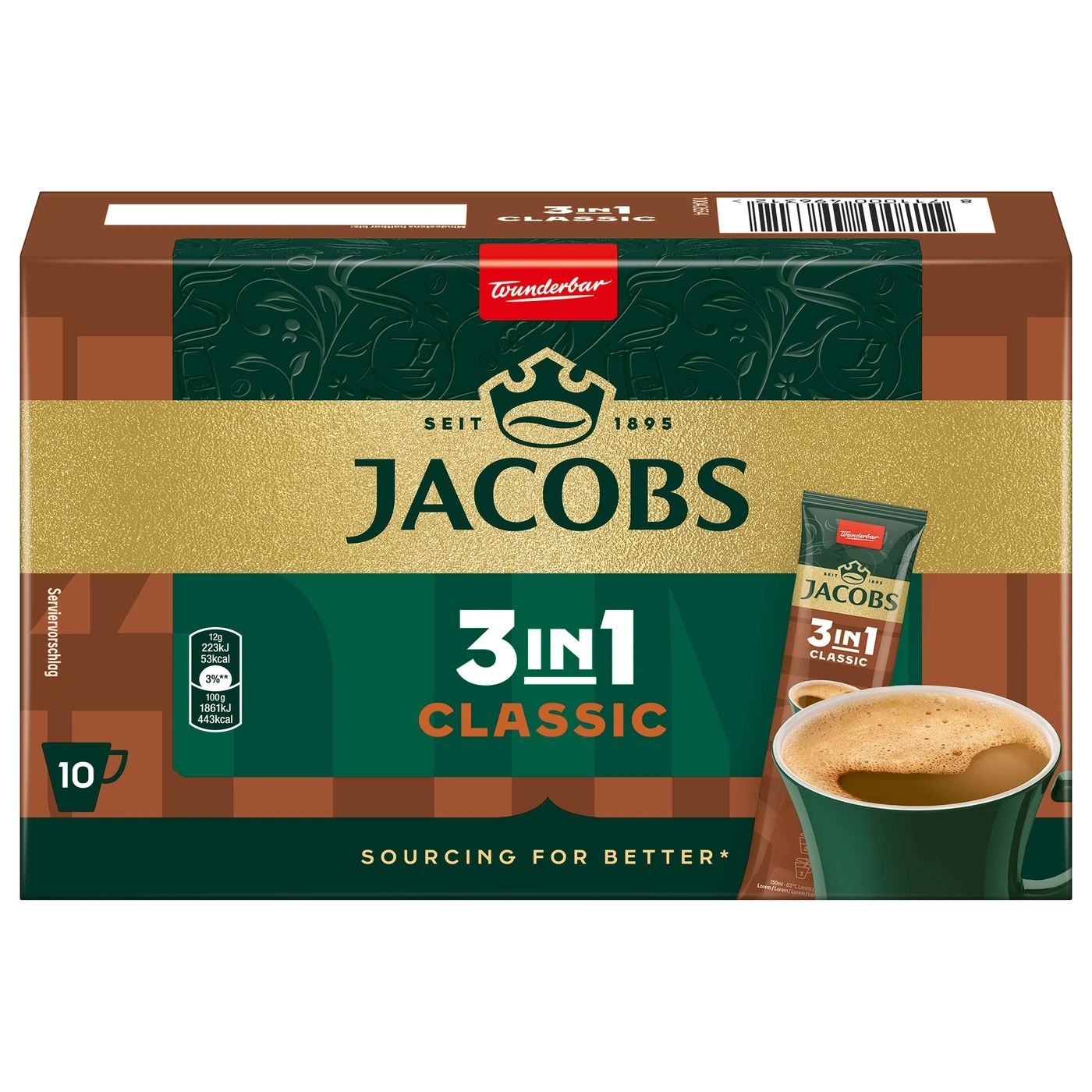 Jacobs 3in1 Classic Kaffee-Packung mit 10 Portionen, braun und grün