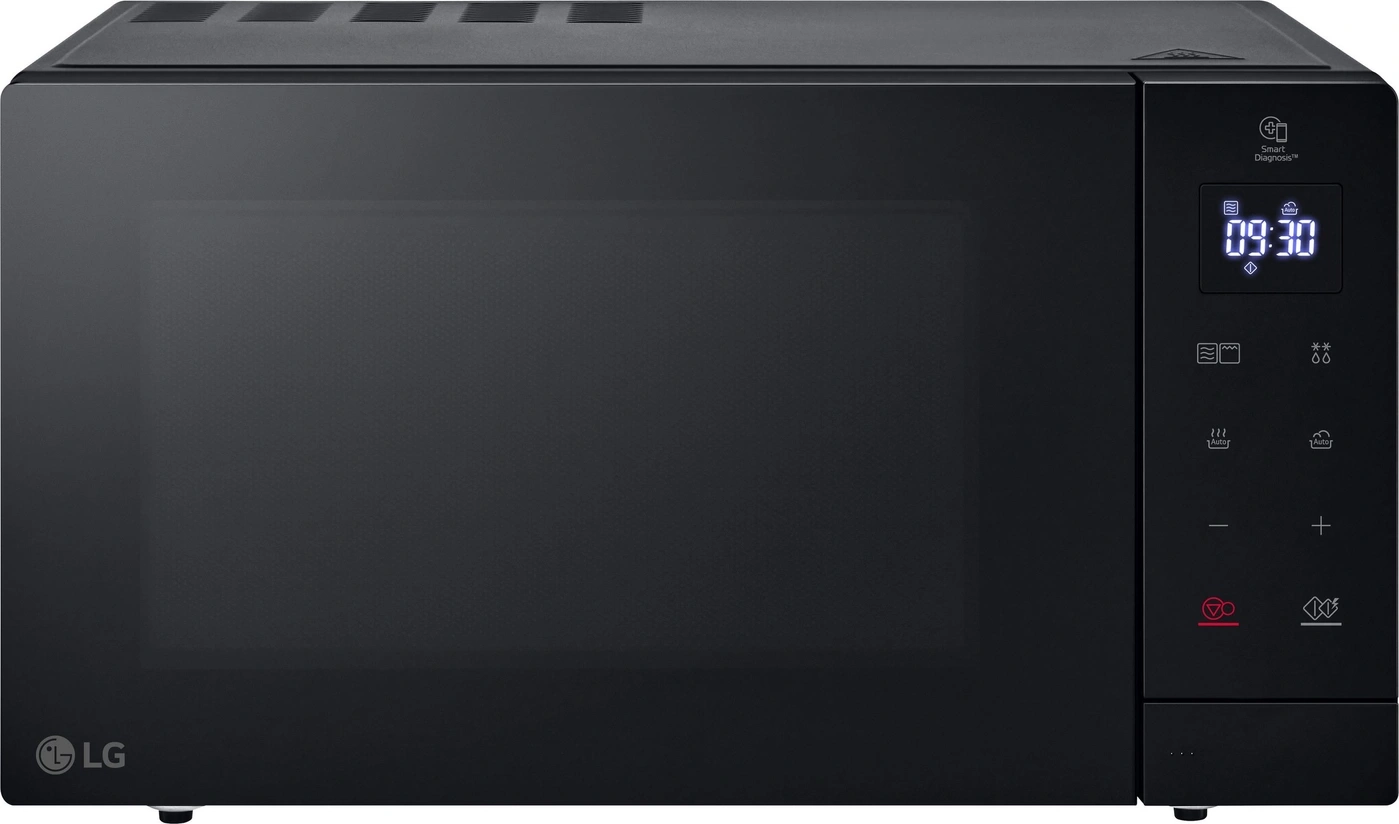 Schwarze LG Mikrowelle mit digitaler Anzeige und Touch-Bedienfeld.