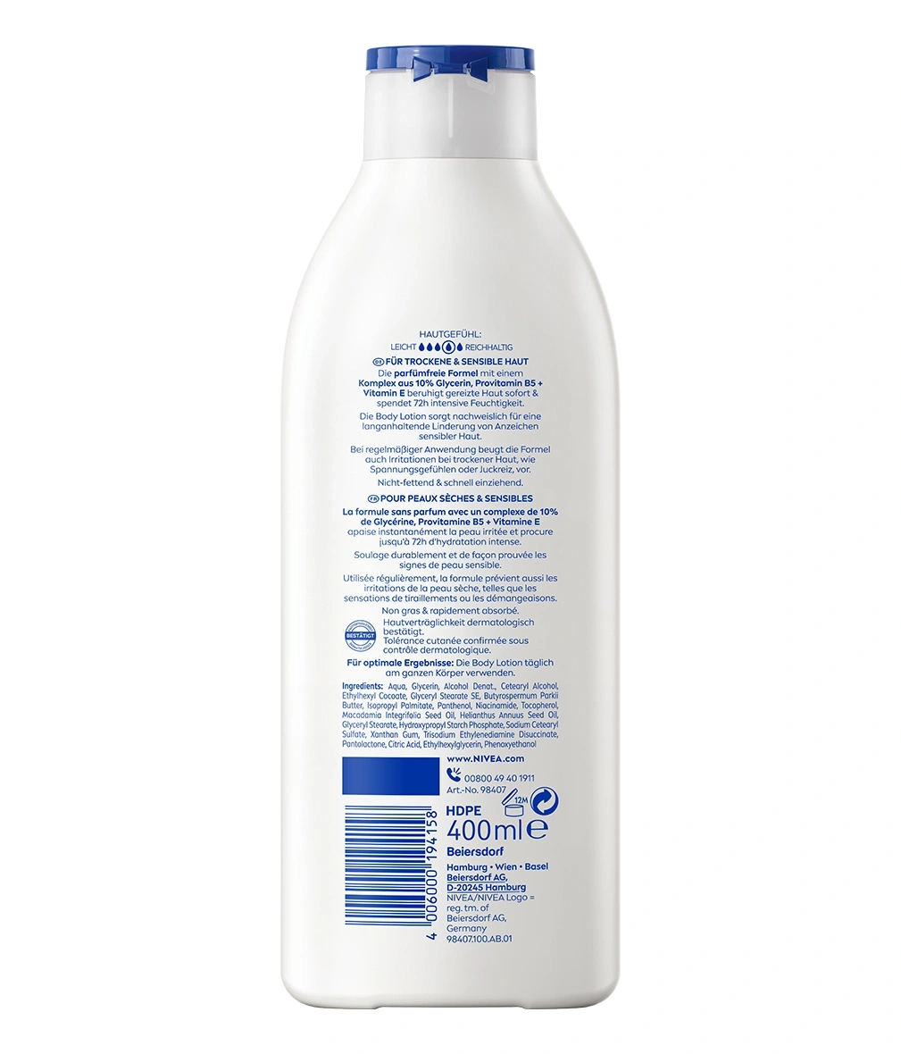 Nivea Body Lotion für trockene und sensible Haut, 400ml, mit Inhaltsangaben und Anwendungshinweisen.
