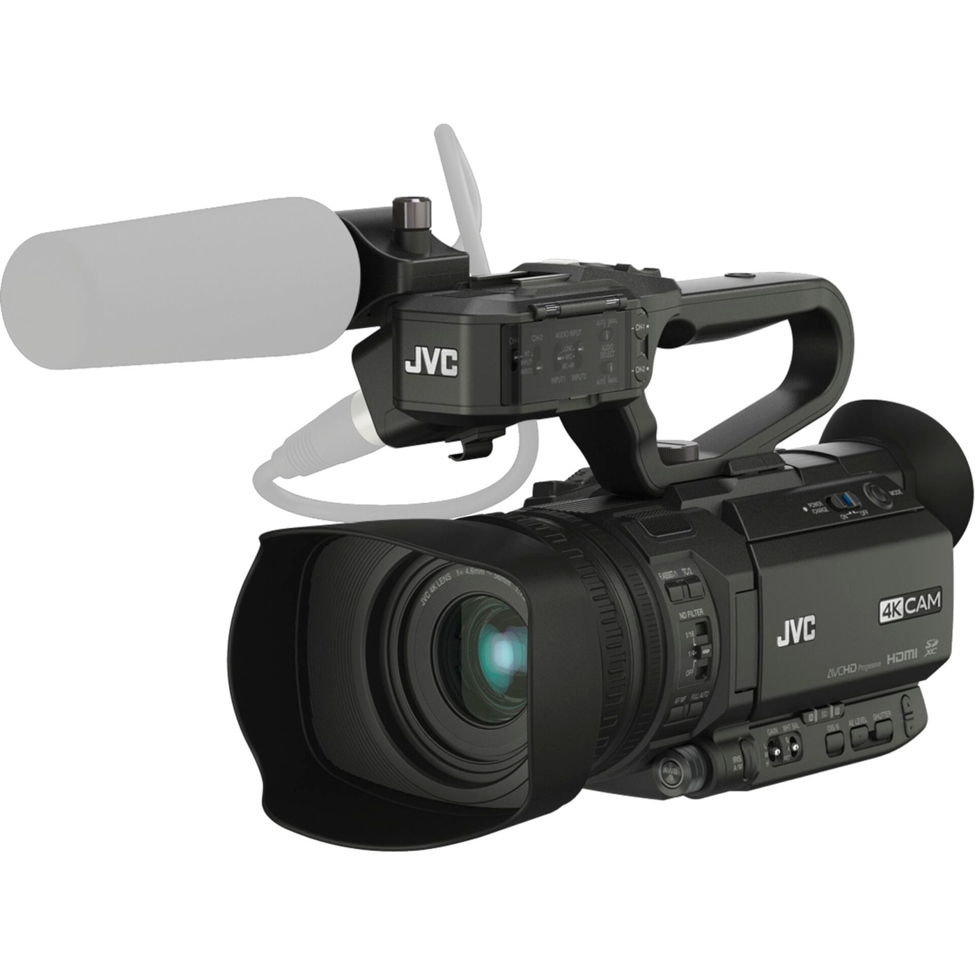JVC 4K Camcorder mit Mikrofon und Objektiv. Professionelle Videokamera für Aufnahmen.