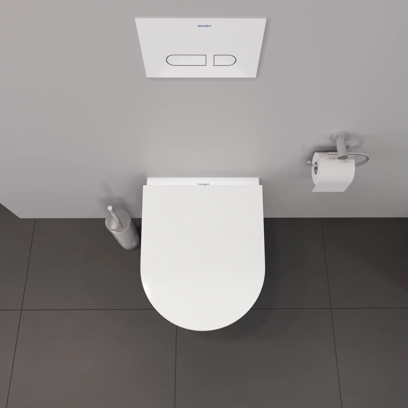 Draufsicht auf eine weiße Toilette mit Spülung und Toilettenpapierhalterung