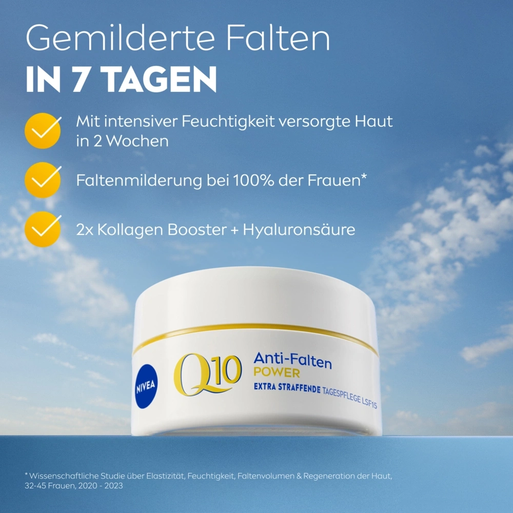 Nivea Q10 Power Anti-Falten Creme mit Hyaluronsäure und Kollagen-Booster für straffere Haut in 7 Tagen.