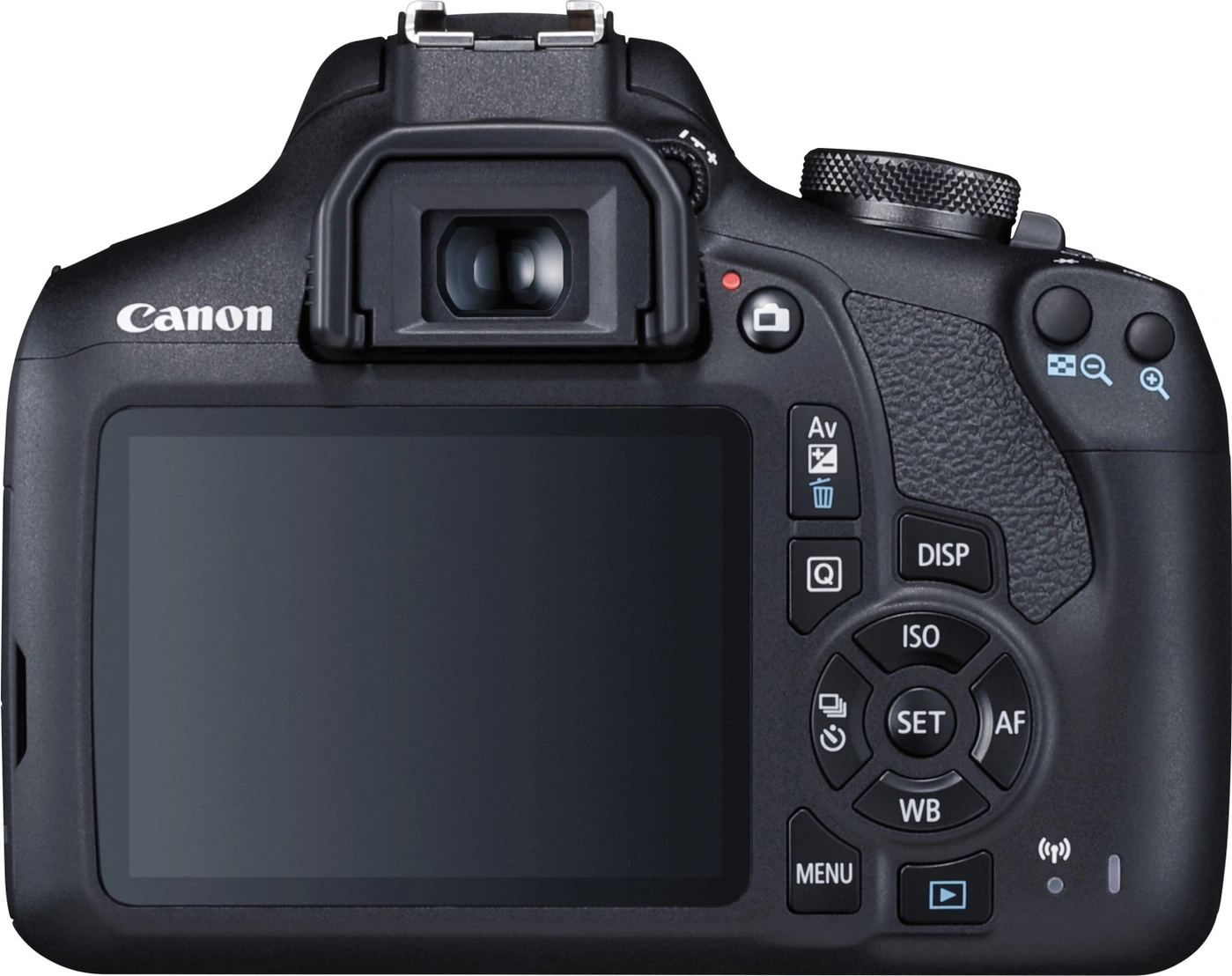 Rückseite einer Canon Digitalkamera mit Display und Bedienelementen.