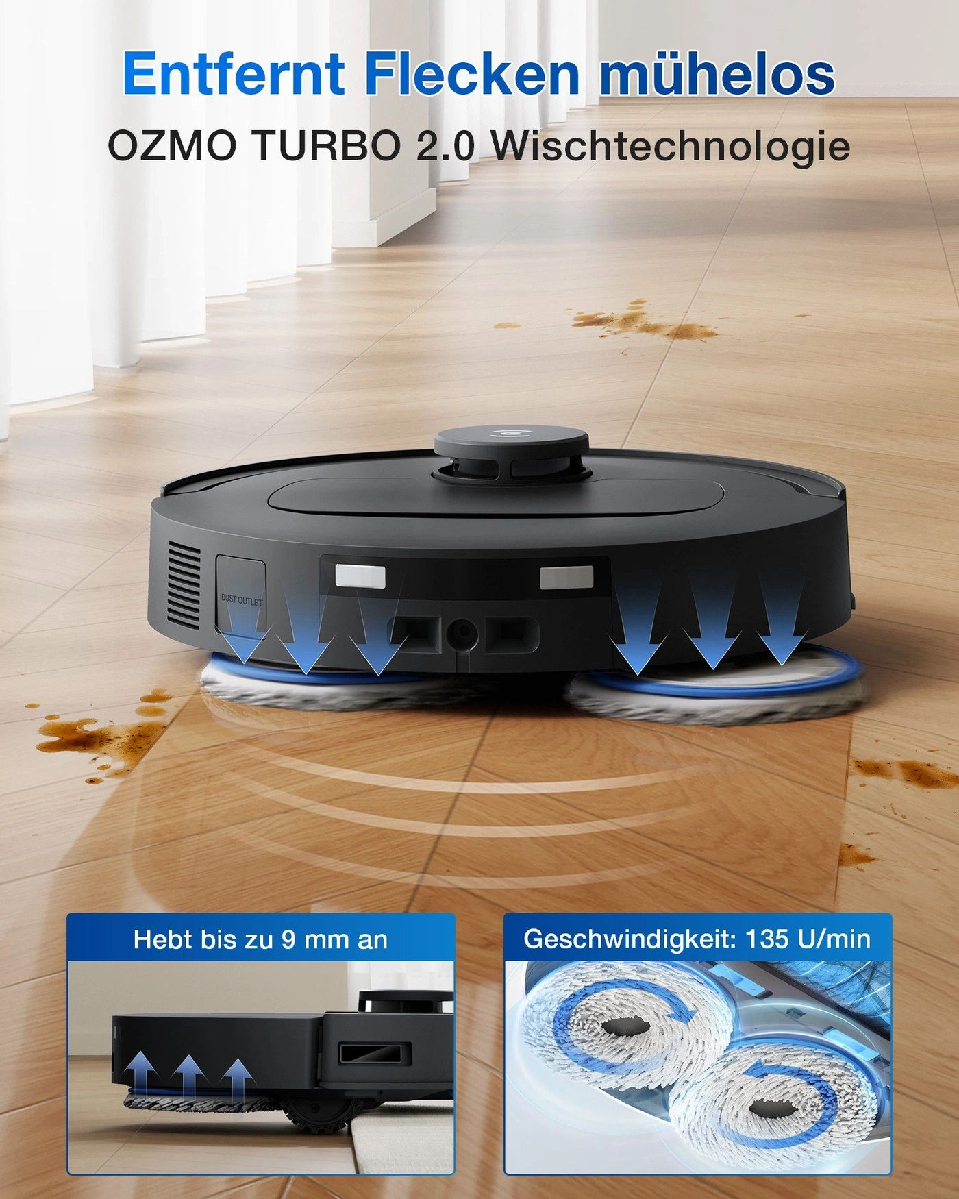Saugroboter mit OZMO TURBO 2.0 Wischtechnologie entfernt Flecken mühelos