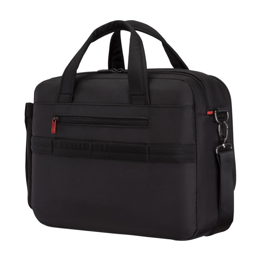Schwarze Aktentasche mit Griffen und Schultergurt, Reißverschluss, roter Akzent