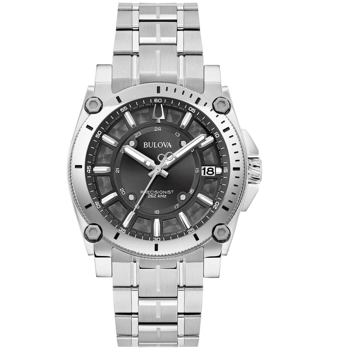 Bulova Precisionist Herrenuhr, silbernes Armband, schwarzes Zifferblatt, Datumsanzeige, 262 kHz