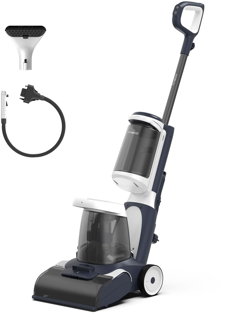 TINECO Teppichreinigungsgerät iCarpet 1300W 75° Grad Power Trocknung B-WARE Tineco-Staubsauger mit Zubehör, weiß und dunkelblau, auf weißem Hintergrund