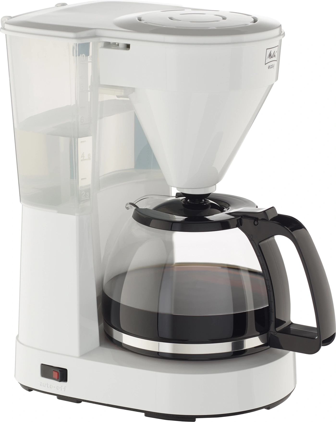 Weißer Kaffeemaschine mit Glaskanne und schwarzem Griff, Melitta easy.