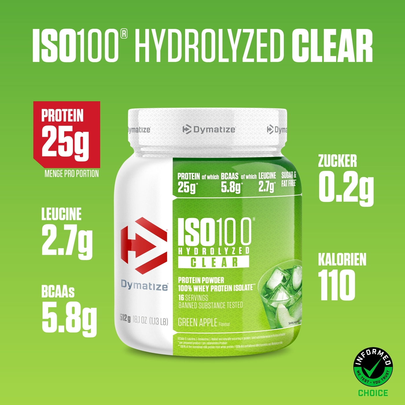 Dymatize ISO100 Hydrolyzed Clear Green Apple, 25g Protein, 110 Kalorien