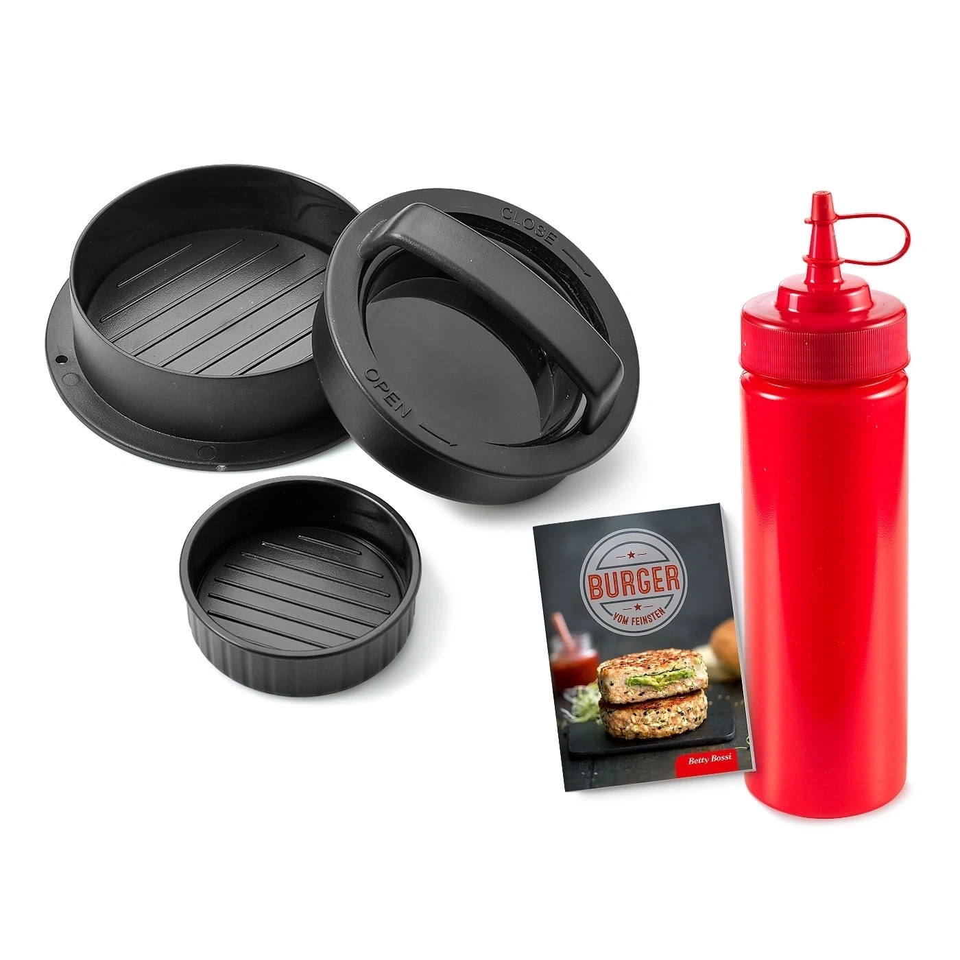 Burgerpresse, Ketchupflasche und Kochbuch mit Burger-Rezepten. Burgerpresse mit Deckel.
