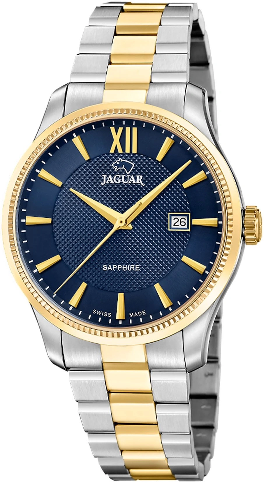 Eine nahaufnahme einer zweifarbigen silbernen und goldenen Jaguar-Armbanduhr mit blauem Zifferblatt und Datumsanzeige.