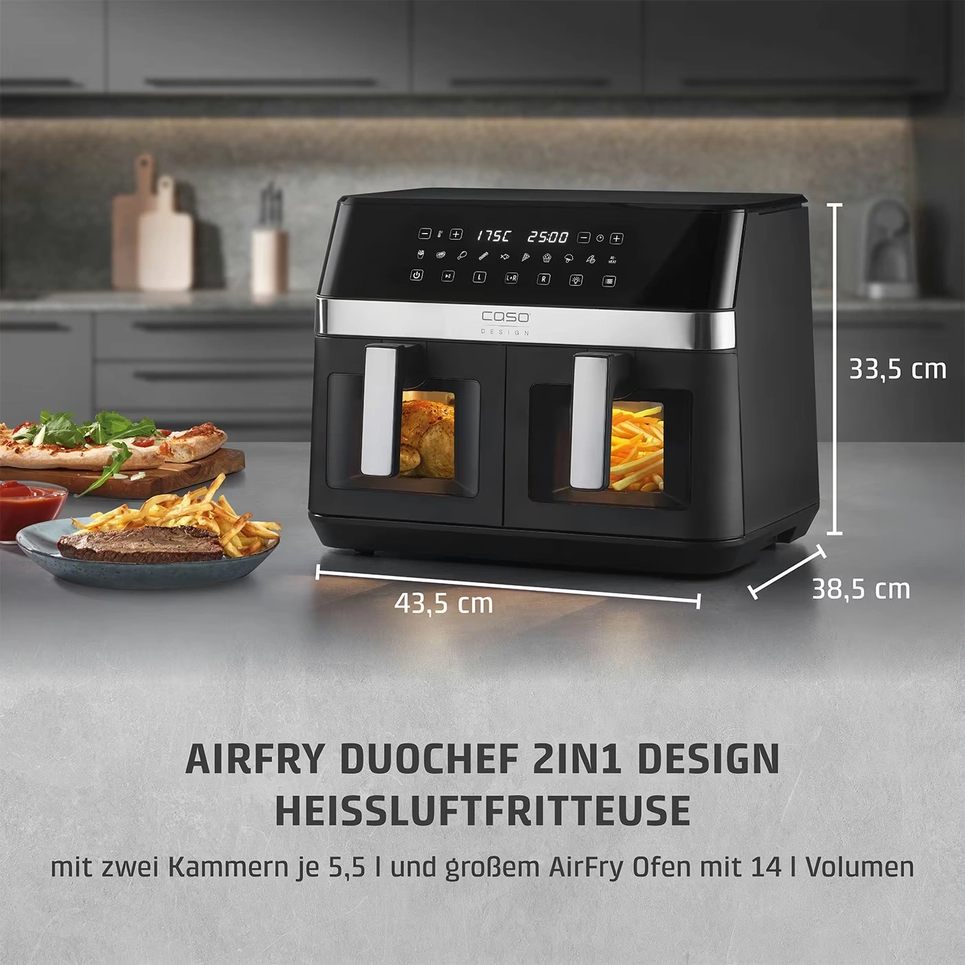 CASO Design AirFry DuoChef Heißluftfritteuse Dual Zone 2200W 14L Timer NEU