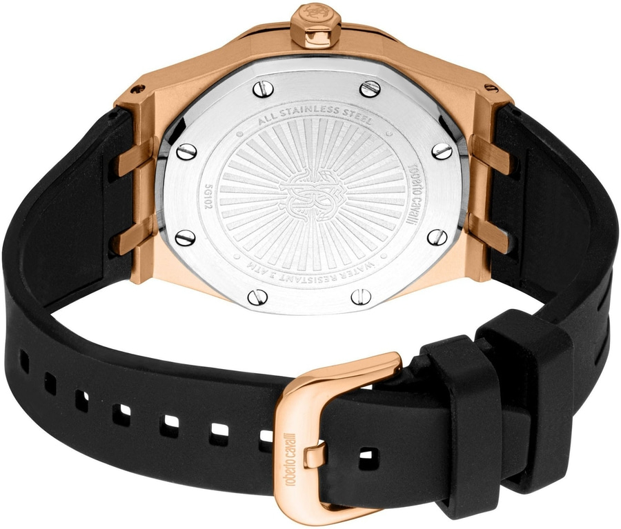 Rückseite einer Roberto Cavalli Uhr mit schwarzem Armband und roséfarbener Schnalle.