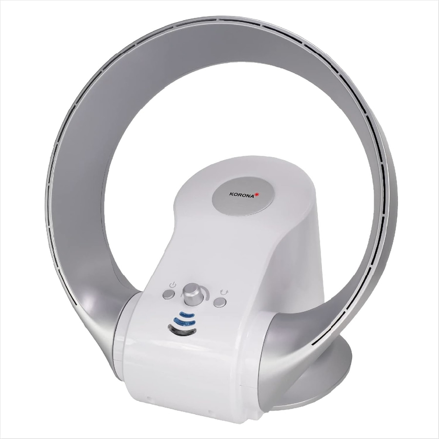 Weißer Korona-Ventilator mit silbernem Ring und Bedienfeld mit Knöpfen.