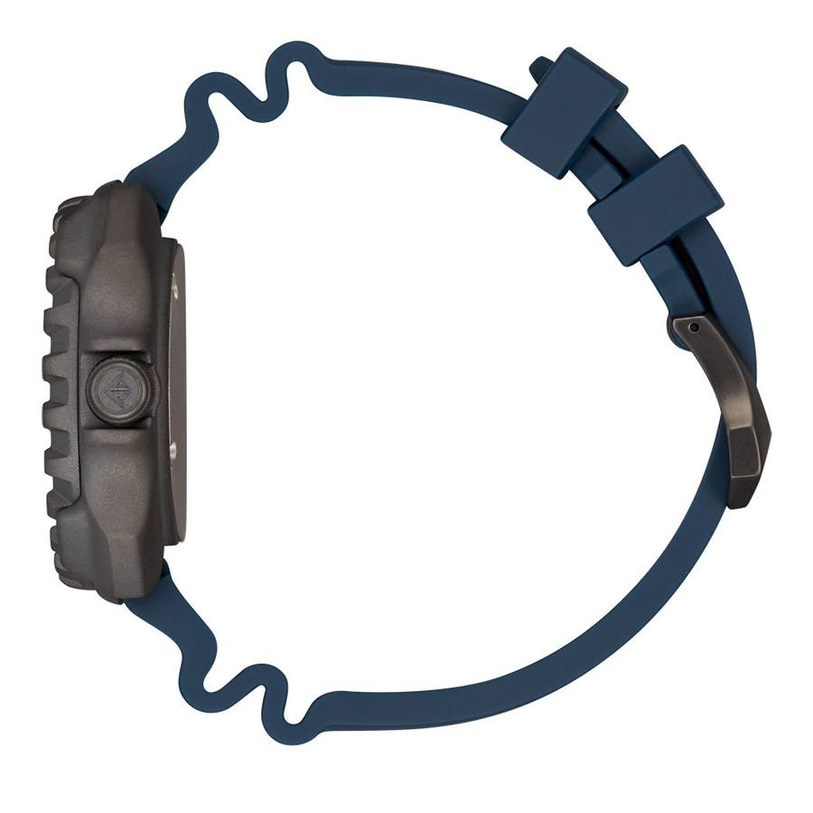 Dunkelblaue Uhr mit schwarzem Zifferblatt und Armband, Seitenansicht