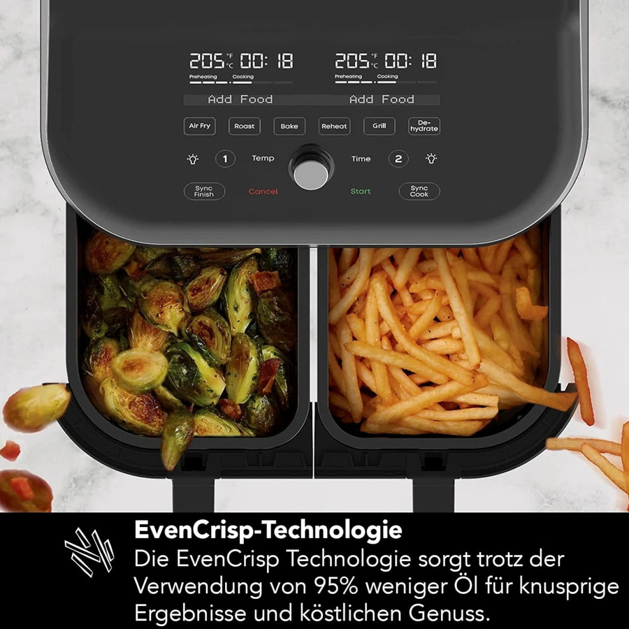 Luftfritteuse mit Gemüse und Pommes, EvenCrisp-Technologie für knusprige Ergebnisse.