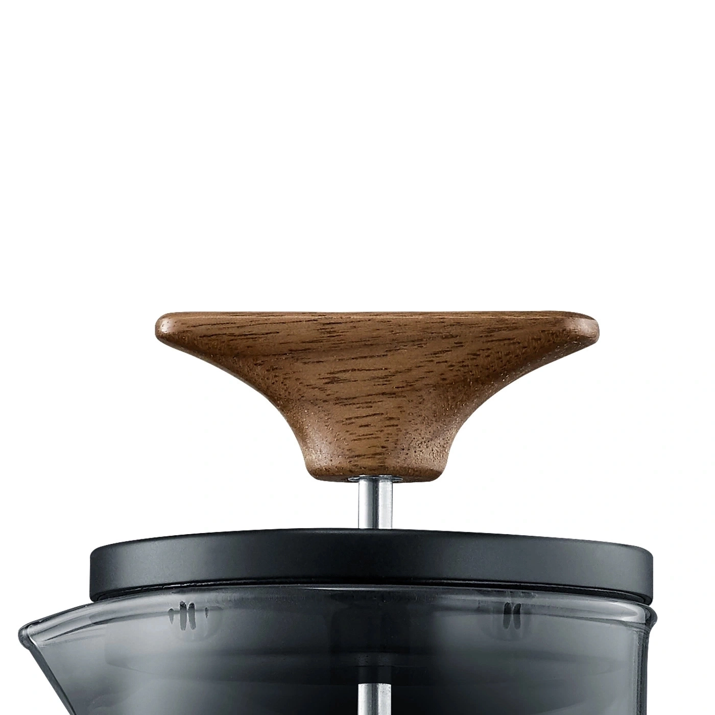 Holzgriff auf einem schwarzen Kaffeezubereiter mit Glasbehälter.